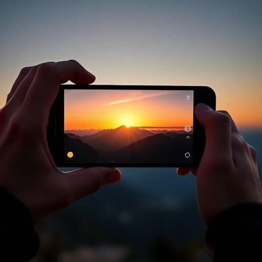 E Person fotografiert e Bärglandschaft mit em Smartphone